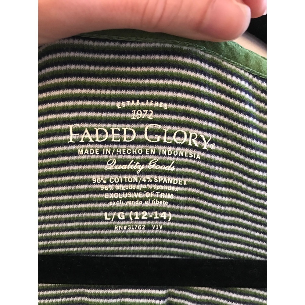 Faded Glory Striped V-Neck Top Womens L 12-14 Green Roll Tab Sleeve - Picture 2 of 4